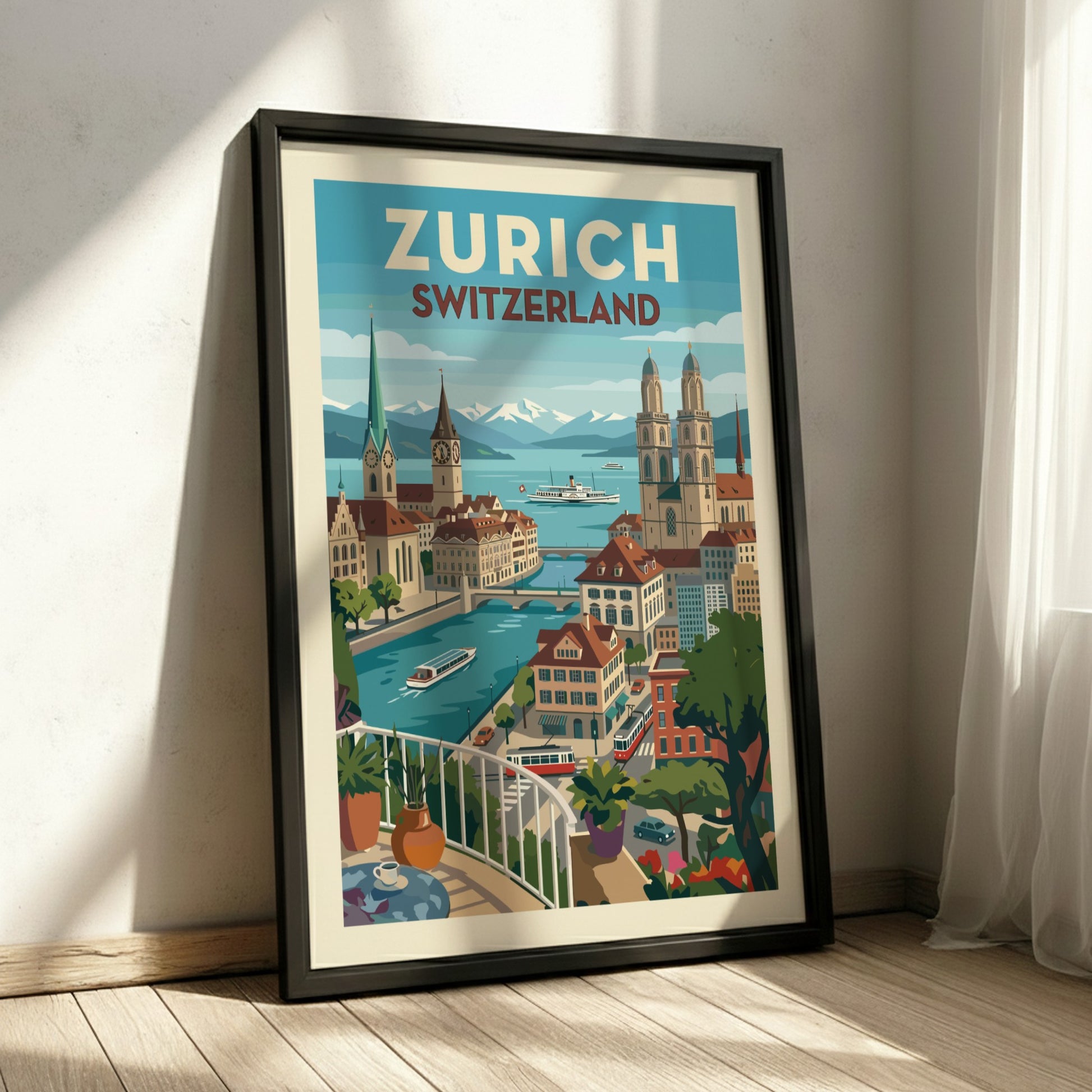 Vintage Zurich Switzerland travel poster featuring city skyline, river, and mountains in a stylized art style.