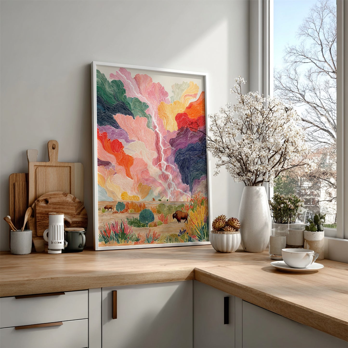Prairie Bison Lightning poster featuring a colorful storm sky and a bison in a landscape.