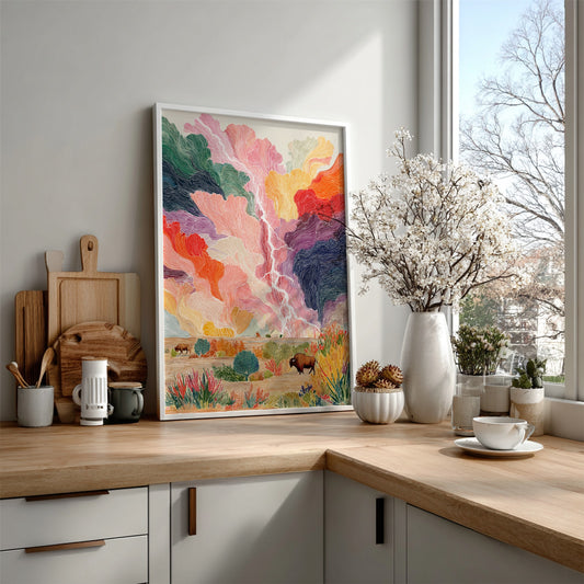 Prairie Bison Lightning poster featuring a colorful storm sky and a bison in a landscape.