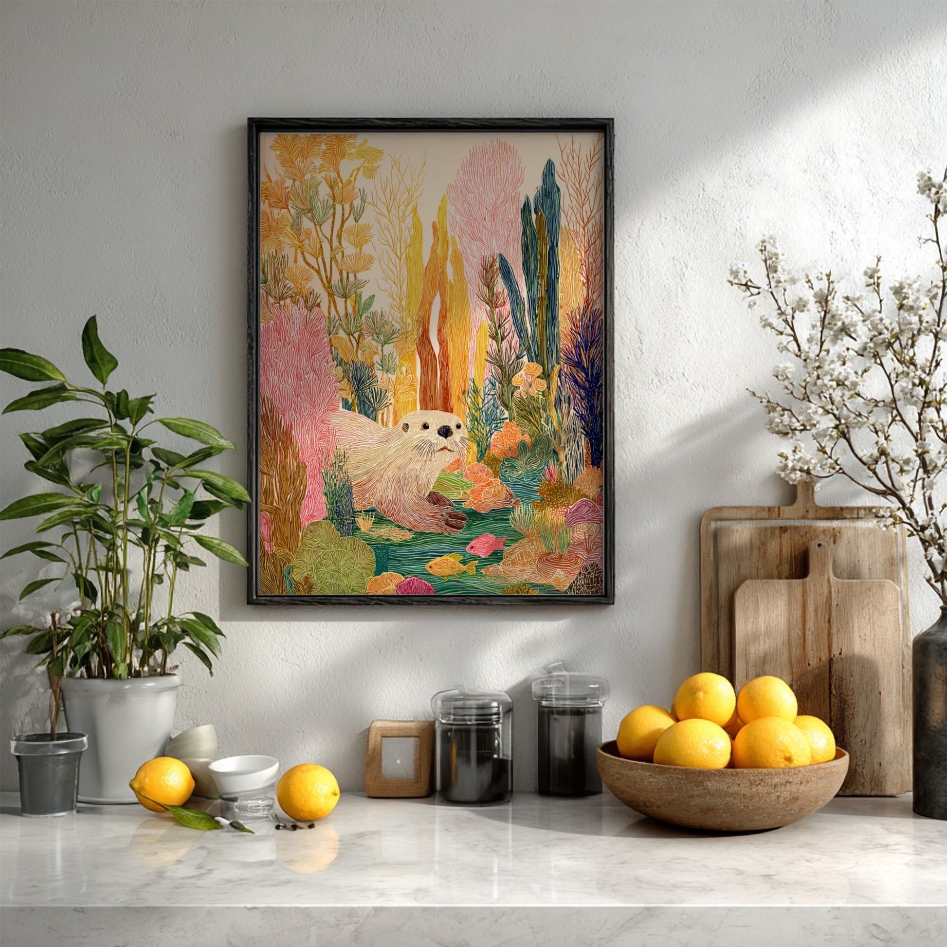 Kelp Otter Gold art print featuring a cute otter in a colorful underwater kelp forest.
