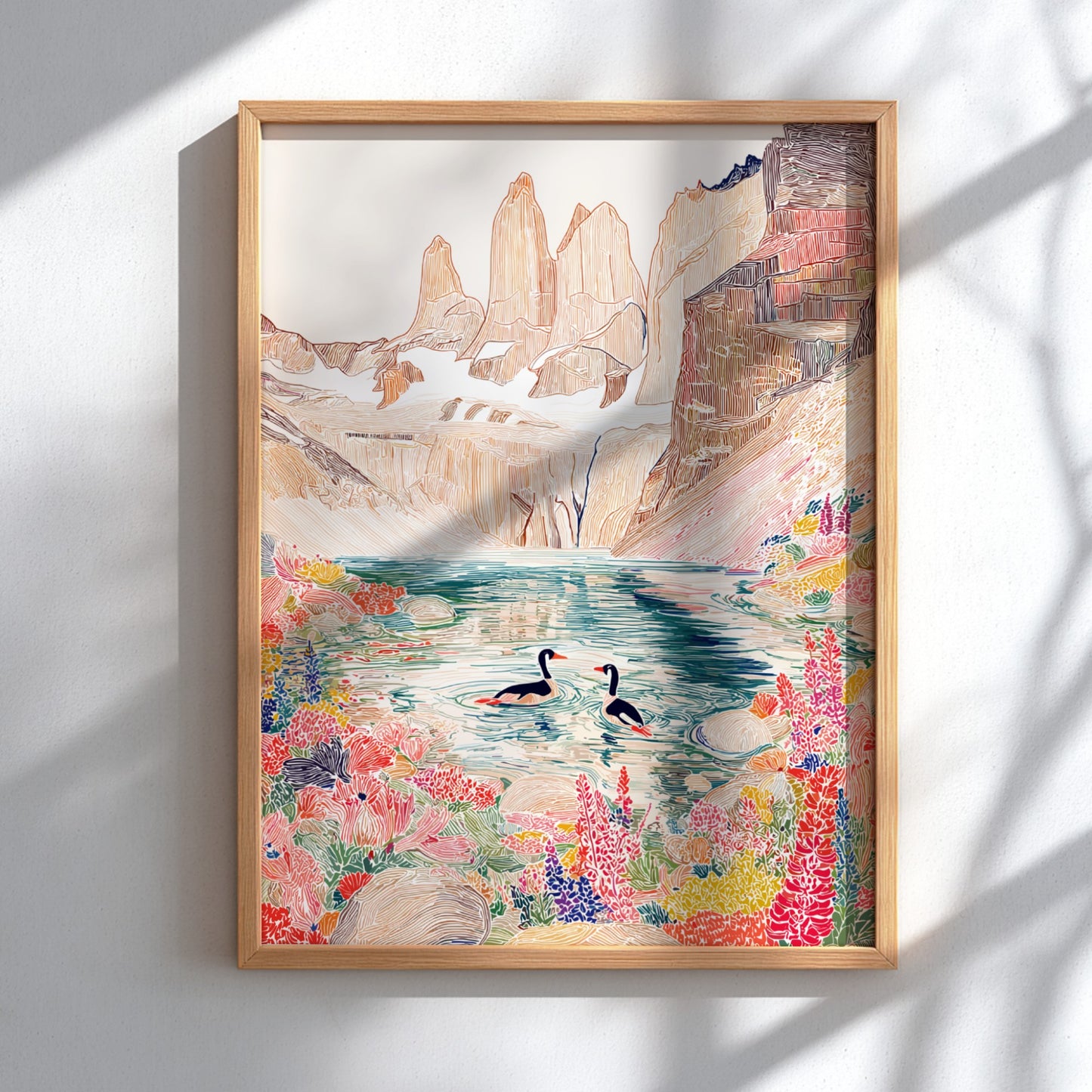 Glacier Loon Wildflower art print featuring loons on a lake with mountains and colorful wildflowers.