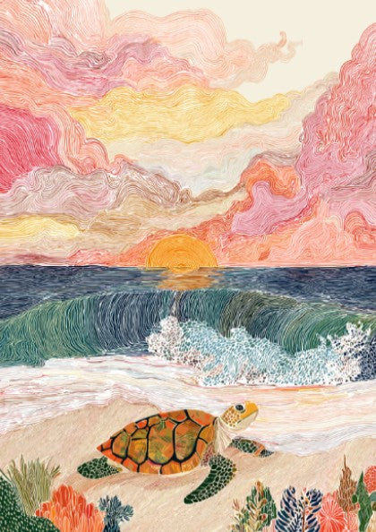 Poster of a sea turtle on a beach at sunrise, with colorful clouds and ocean waves.
