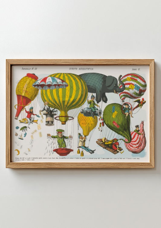 Vintage Italian chromolithograph drawing "Rivista Aerostatica" by Augusto Gross featuring hot air balloons