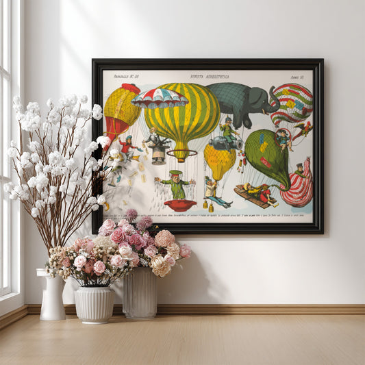 Vintage Italian chromolithograph drawing "Rivista Aerostatica" by Augusto Gross featuring hot air balloons
