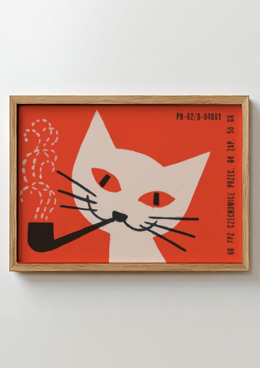 Vintage Polish poster of a cream cat smoking a pipe against a red background, mid-century graphic design.