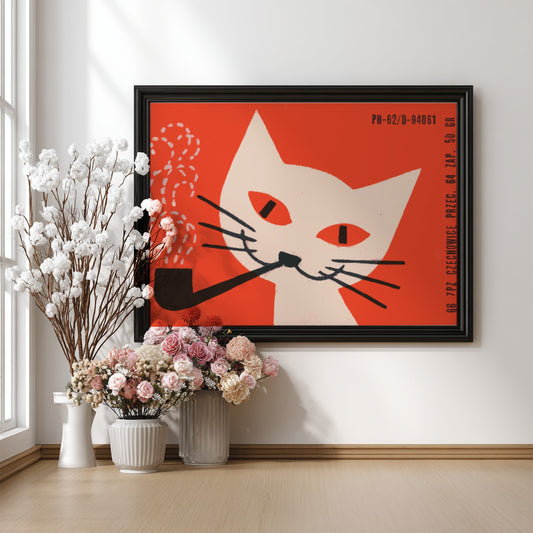 Vintage Polish poster of a cream cat smoking a pipe against a red background, mid-century graphic design.