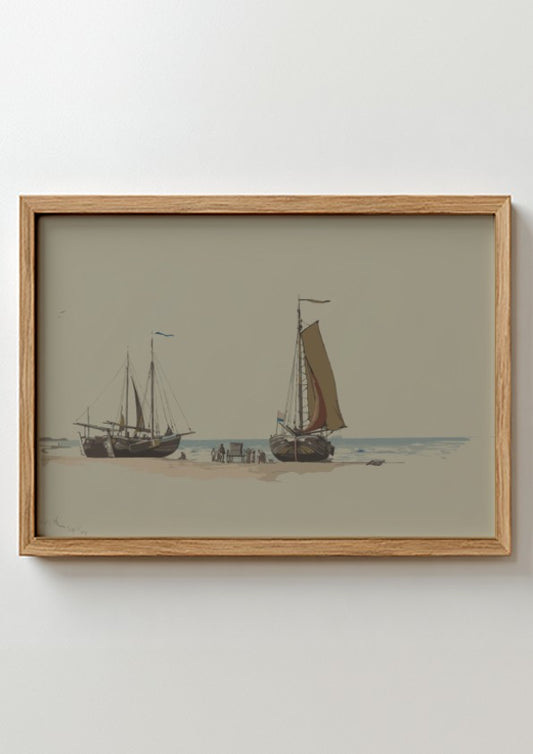 Reproduction of William Stanley Haseltine's 19th-century drawing 'Blankenberge No.3' featuring sailboats on a