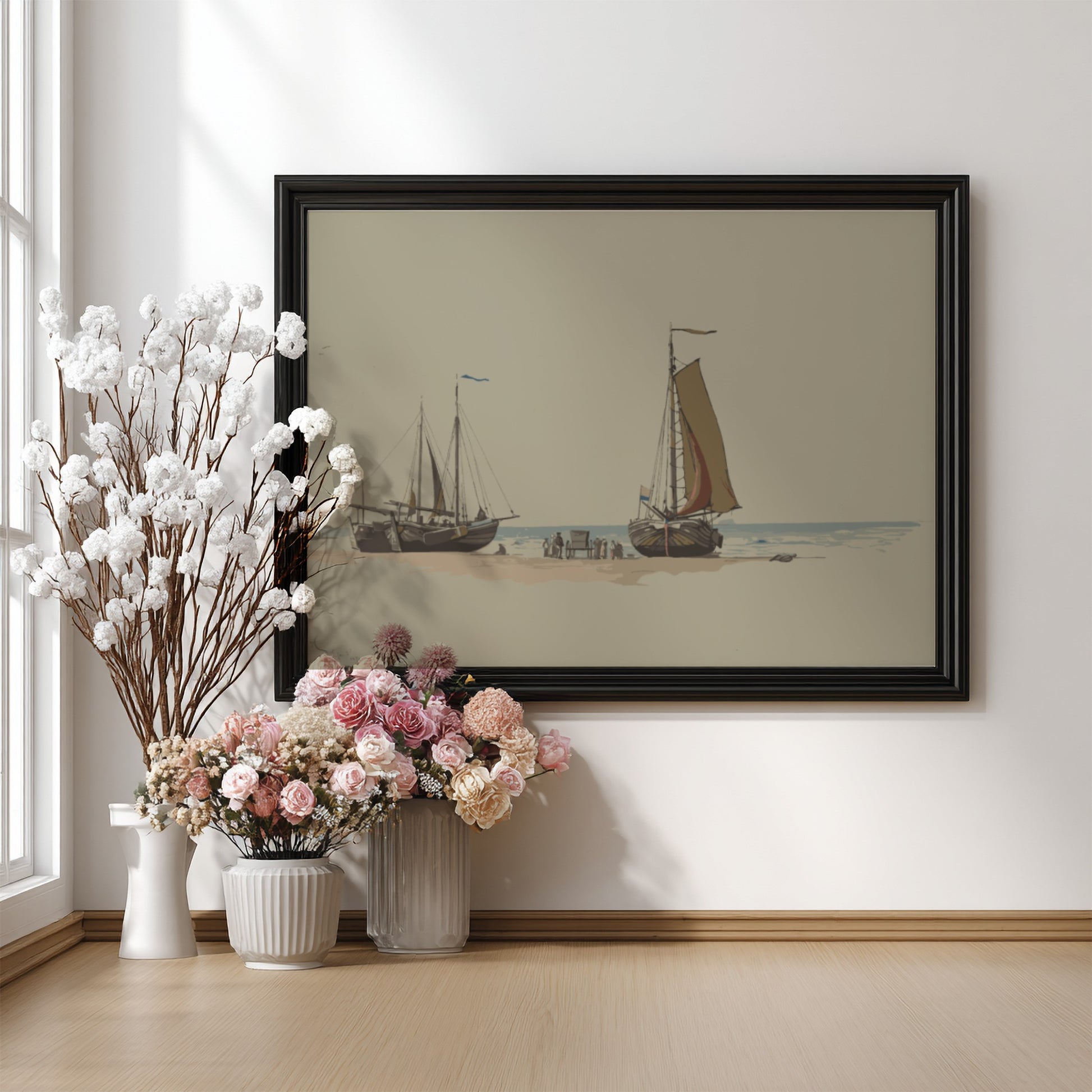 Reproduction of William Stanley Haseltine's 19th-century drawing 'Blankenberge No.3' featuring sailboats on a