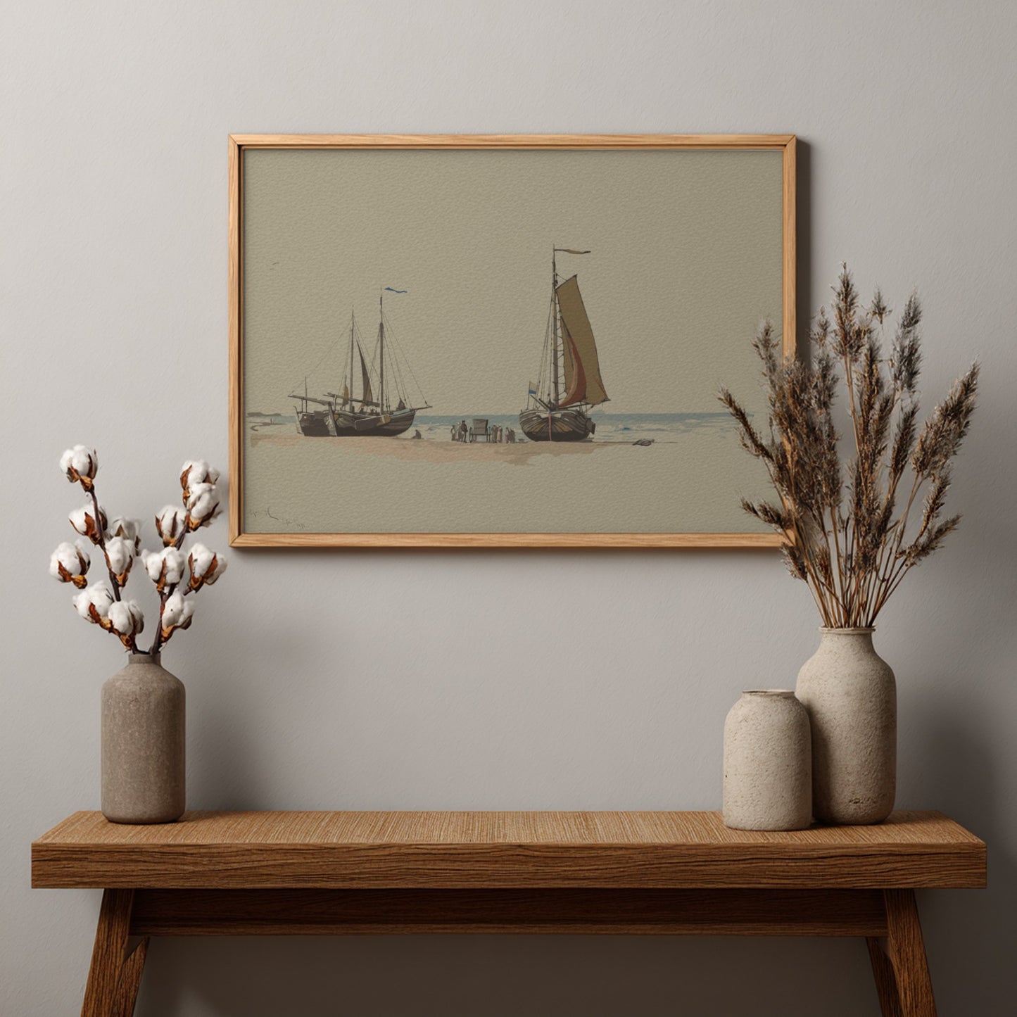 Reproduction of William Stanley Haseltine's 19th-century drawing 'Blankenberge No.3' featuring sailboats on a