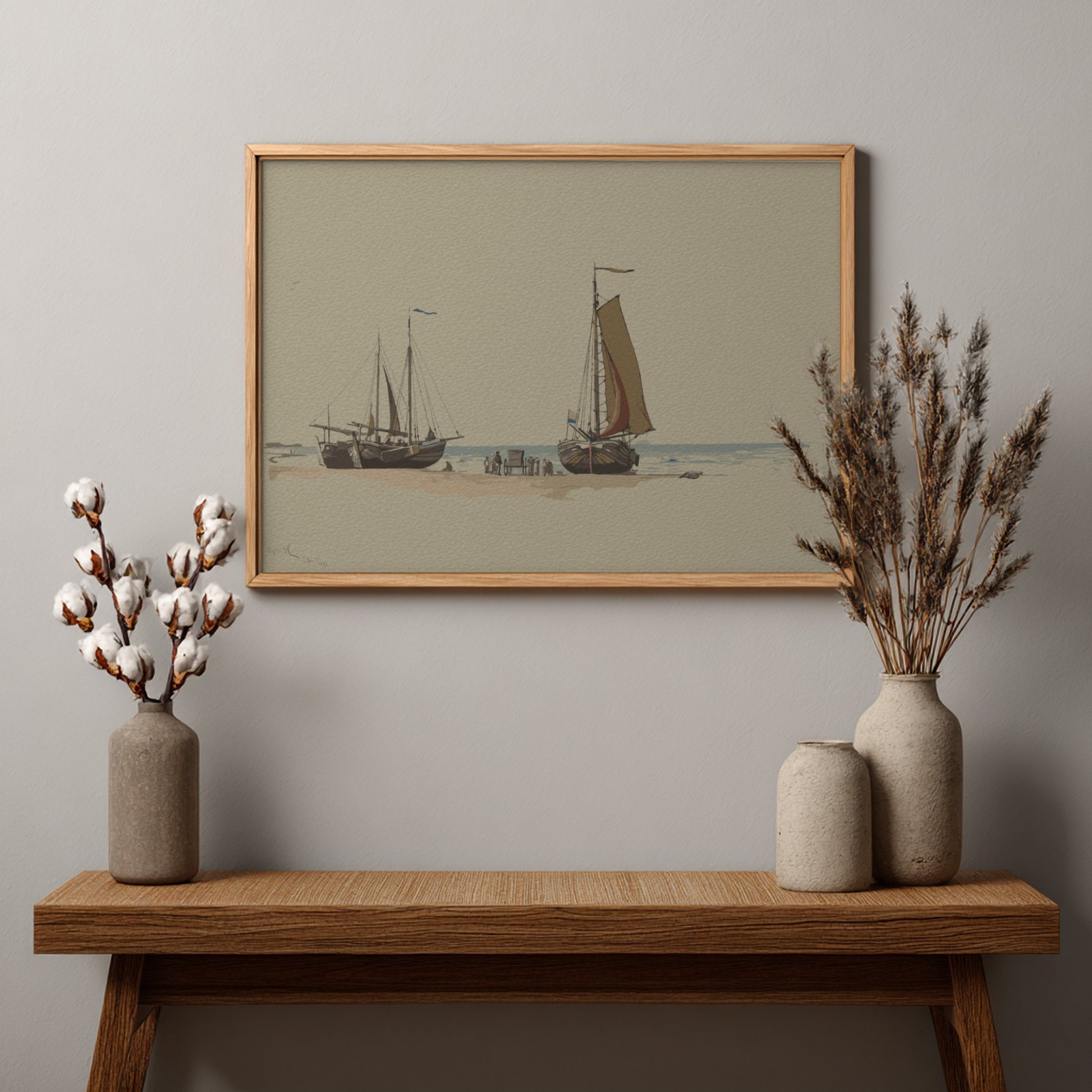 Reproduction of William Stanley Haseltine's 19th-century drawing 'Blankenberge No.3' featuring sailboats on a