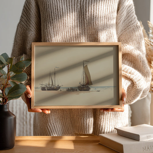 Reproduction of William Stanley Haseltine's 19th-century drawing 'Blankenberge No.3' featuring sailboats on a