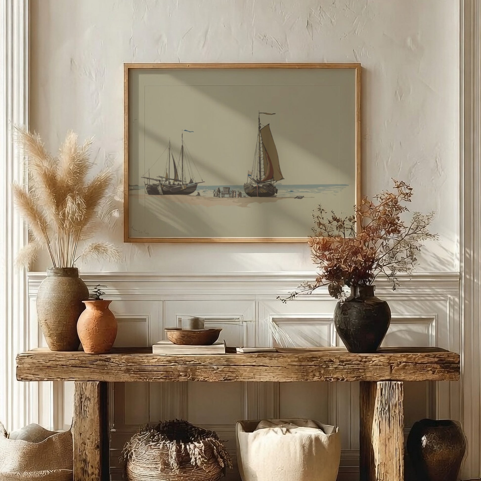 Reproduction of William Stanley Haseltine's 19th-century drawing 'Blankenberge No.3' featuring sailboats on a