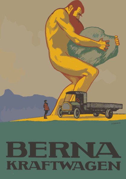 Vintage Berna Kraftwagen poster featuring a giant lifting a boulder next to a retro truck. Retro industrial