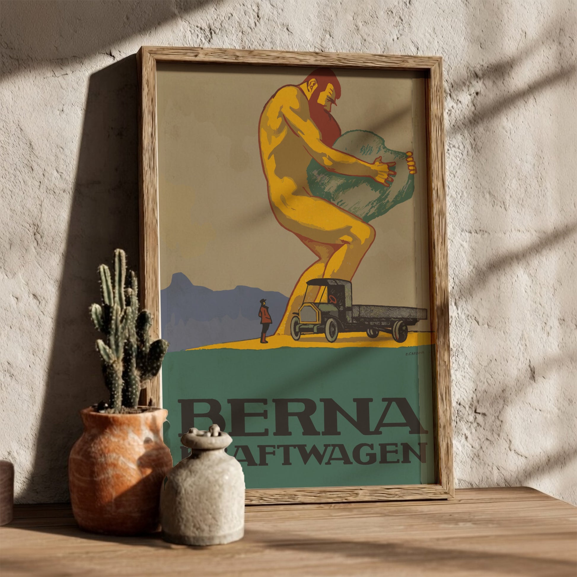 Vintage Berna Kraftwagen poster featuring a giant lifting a boulder next to a retro truck. Retro industrial