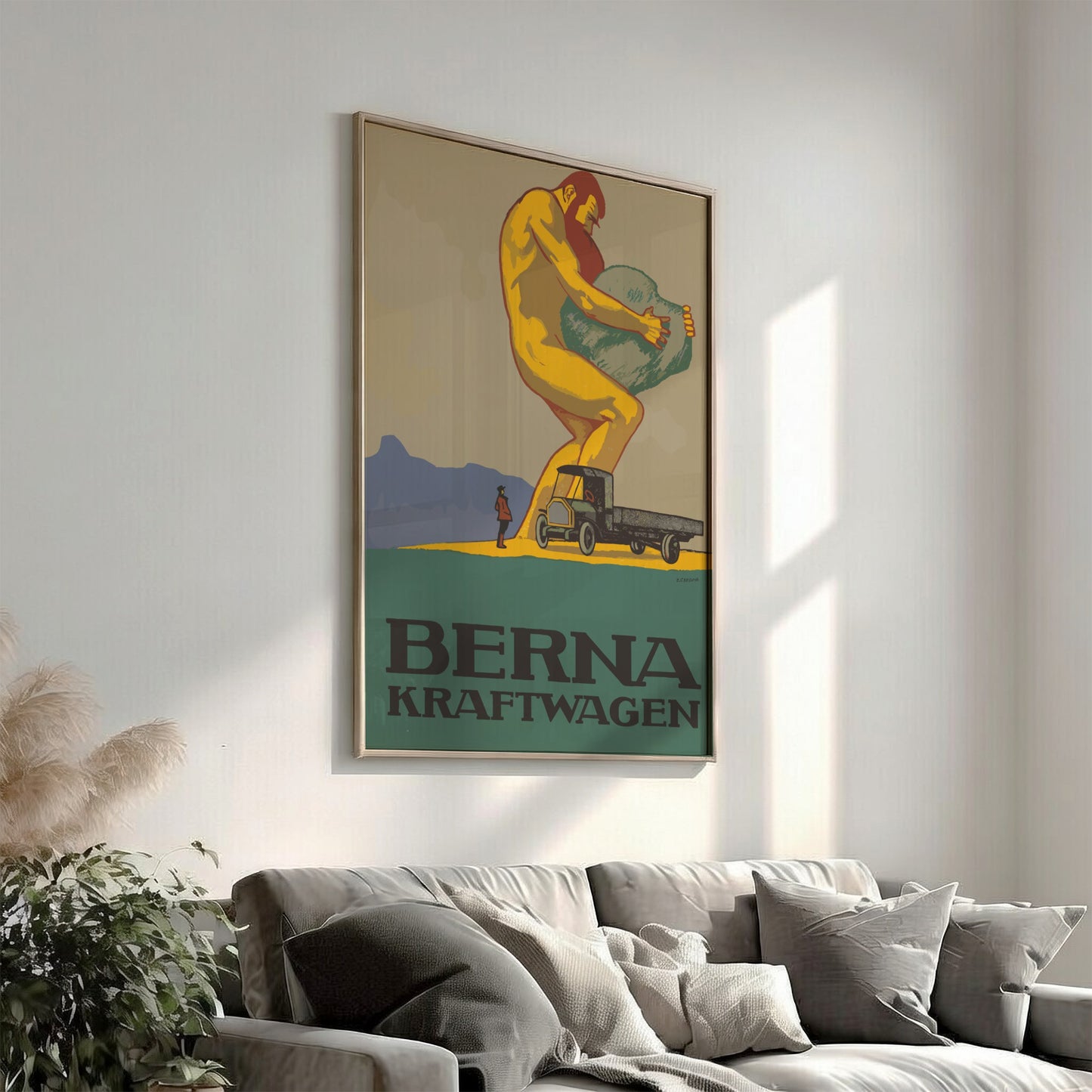 Vintage Berna Kraftwagen poster featuring a giant lifting a boulder next to a retro truck. Retro industrial