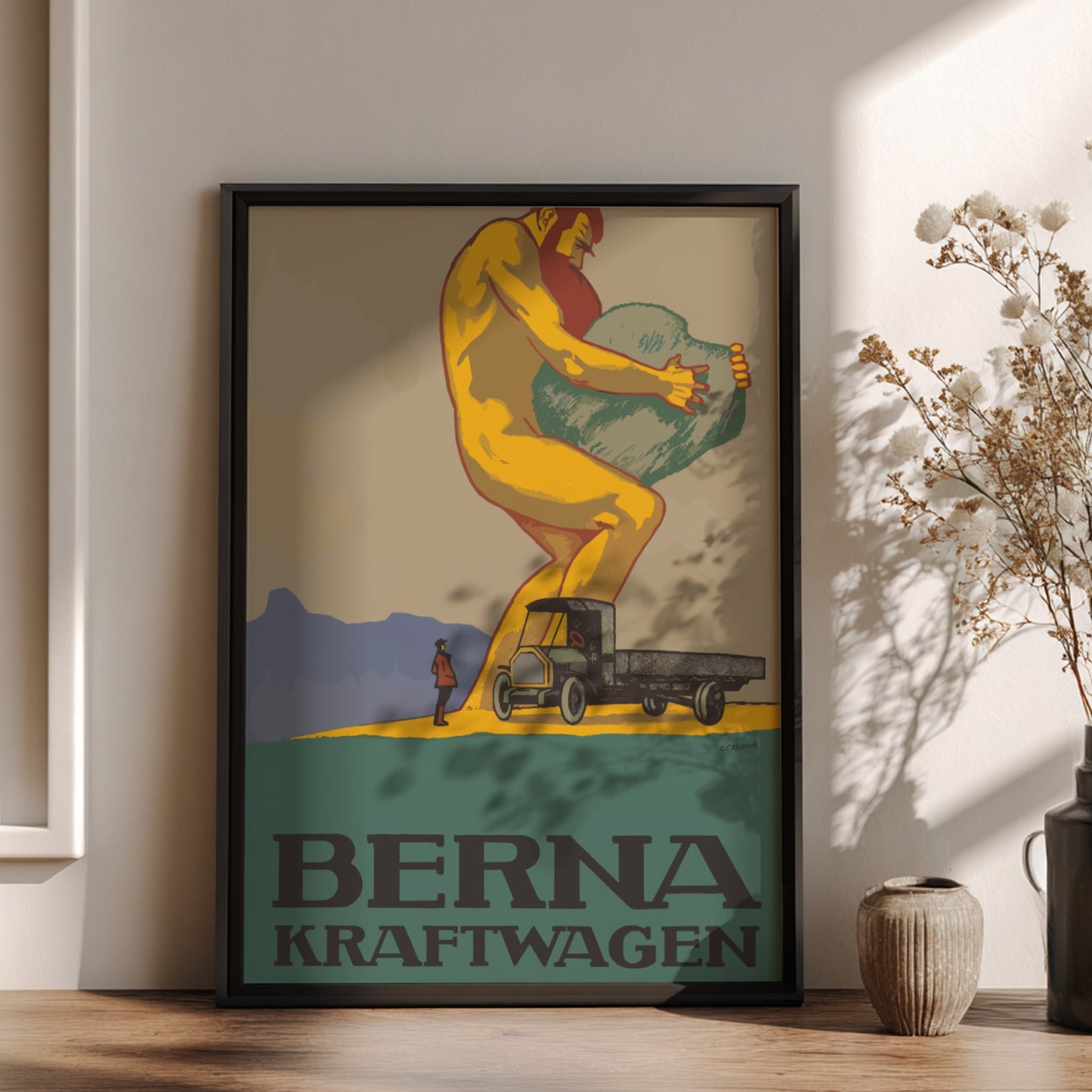 Vintage Berna Kraftwagen poster featuring a giant lifting a boulder next to a retro truck. Retro industrial