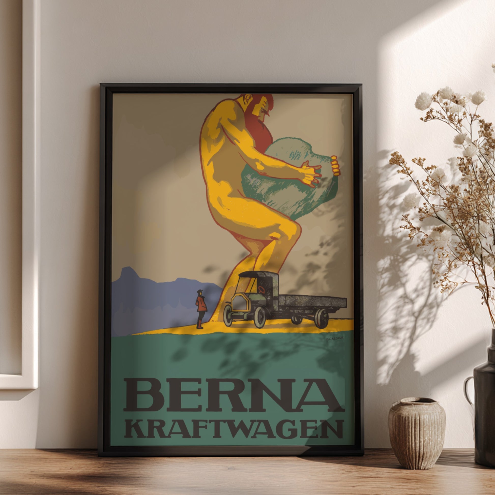 Vintage Berna Kraftwagen poster featuring a giant lifting a boulder next to a retro truck. Retro industrial