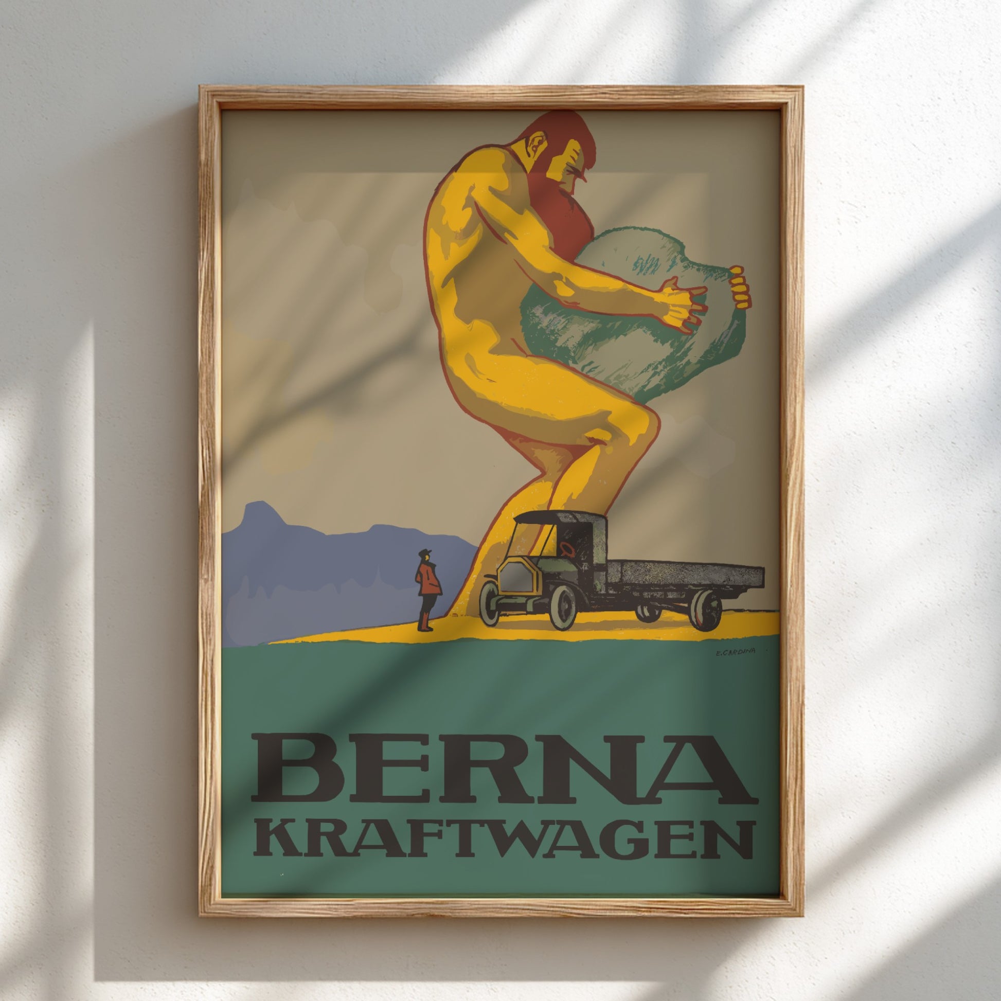Vintage Berna Kraftwagen poster featuring a giant lifting a boulder next to a retro truck. Retro industrial