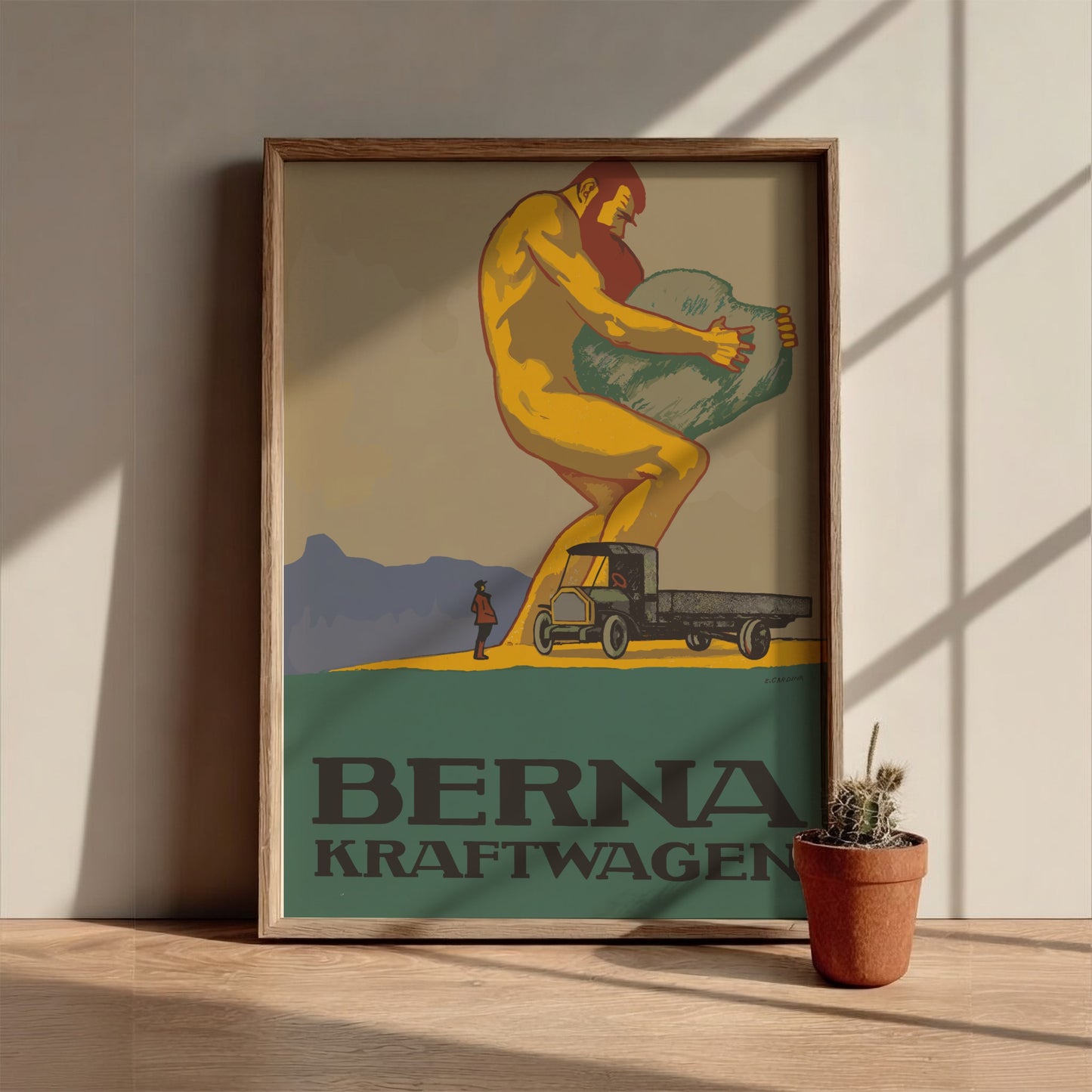 Vintage Berna Kraftwagen poster featuring a giant lifting a boulder next to a retro truck. Retro industrial