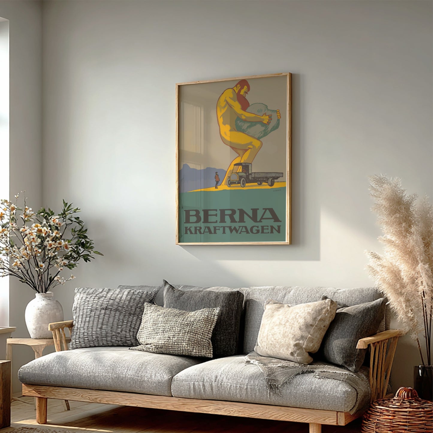 Vintage Berna Kraftwagen poster featuring a giant lifting a boulder next to a retro truck. Retro industrial