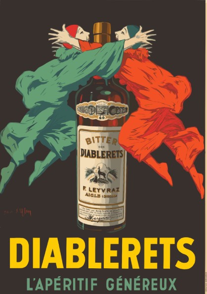 Vintage Diablerets Bitter advertising poster featuring two masked figures in green and orange embracing a
