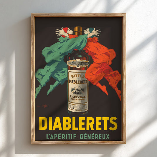 Vintage Diablerets Bitter advertising poster featuring two masked figures in green and orange embracing a