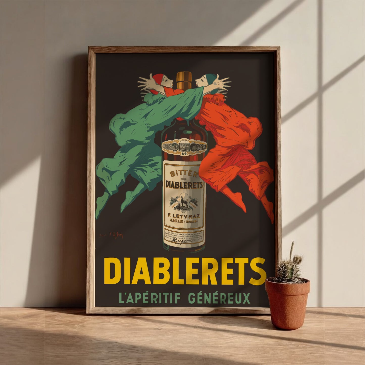 Vintage Diablerets Bitter advertising poster featuring two masked figures in green and orange embracing a