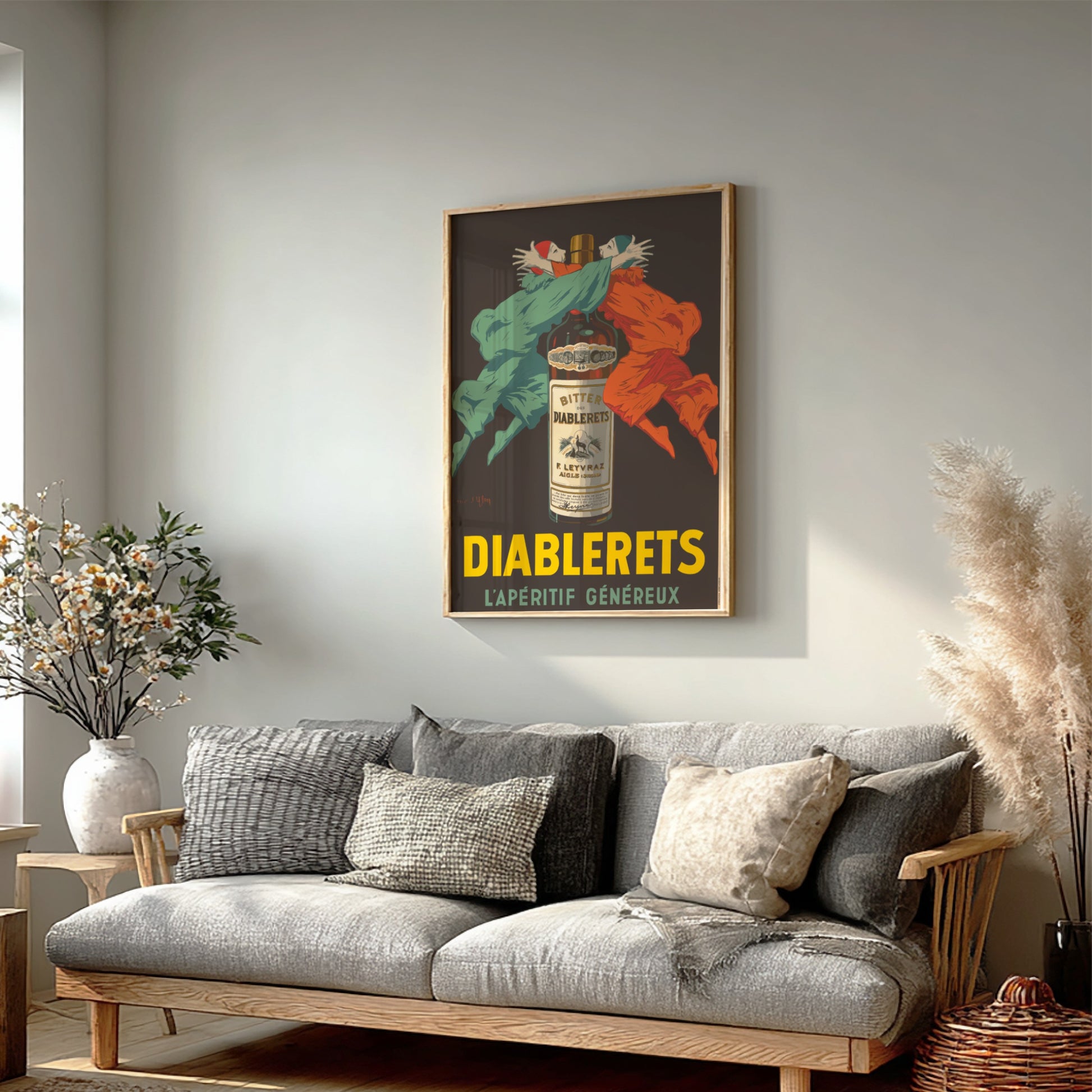 Vintage Diablerets Bitter advertising poster featuring two masked figures in green and orange embracing a