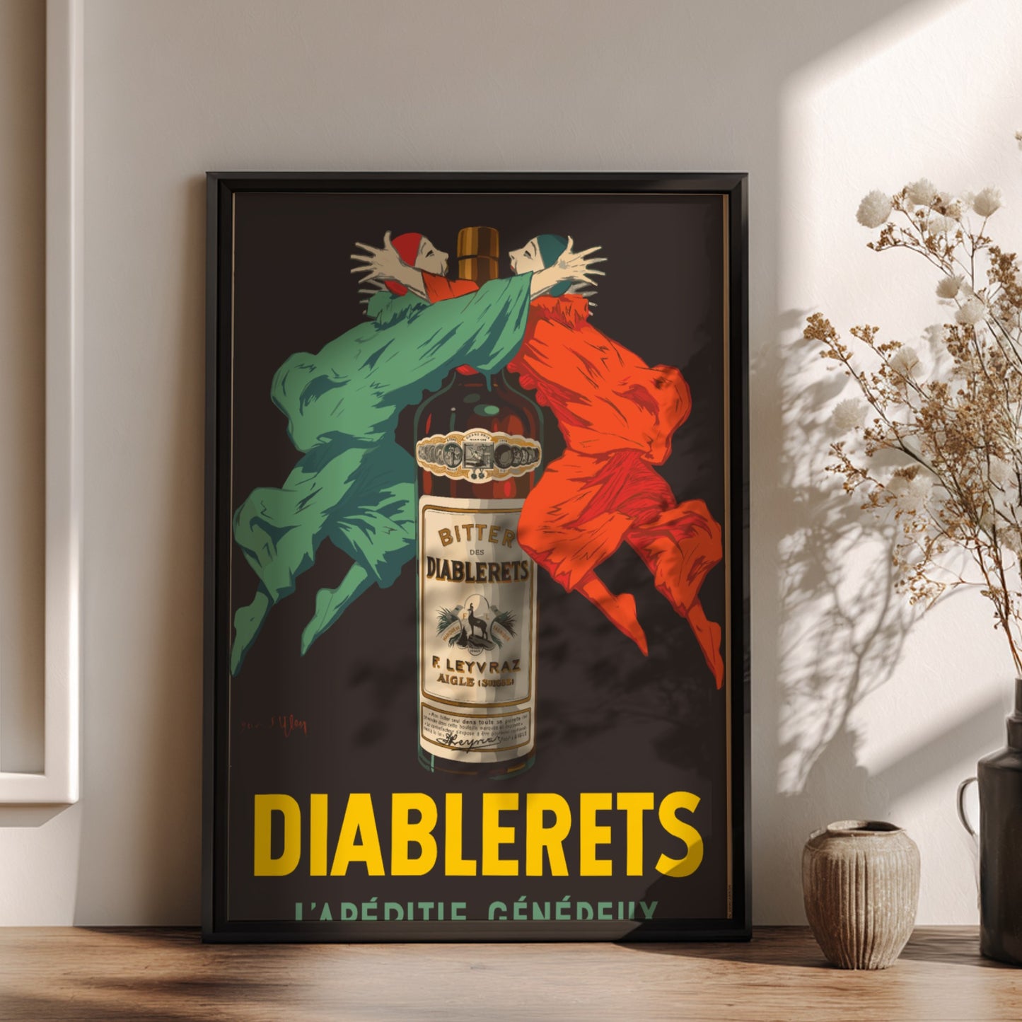 Vintage Diablerets Bitter advertising poster featuring two masked figures in green and orange embracing a