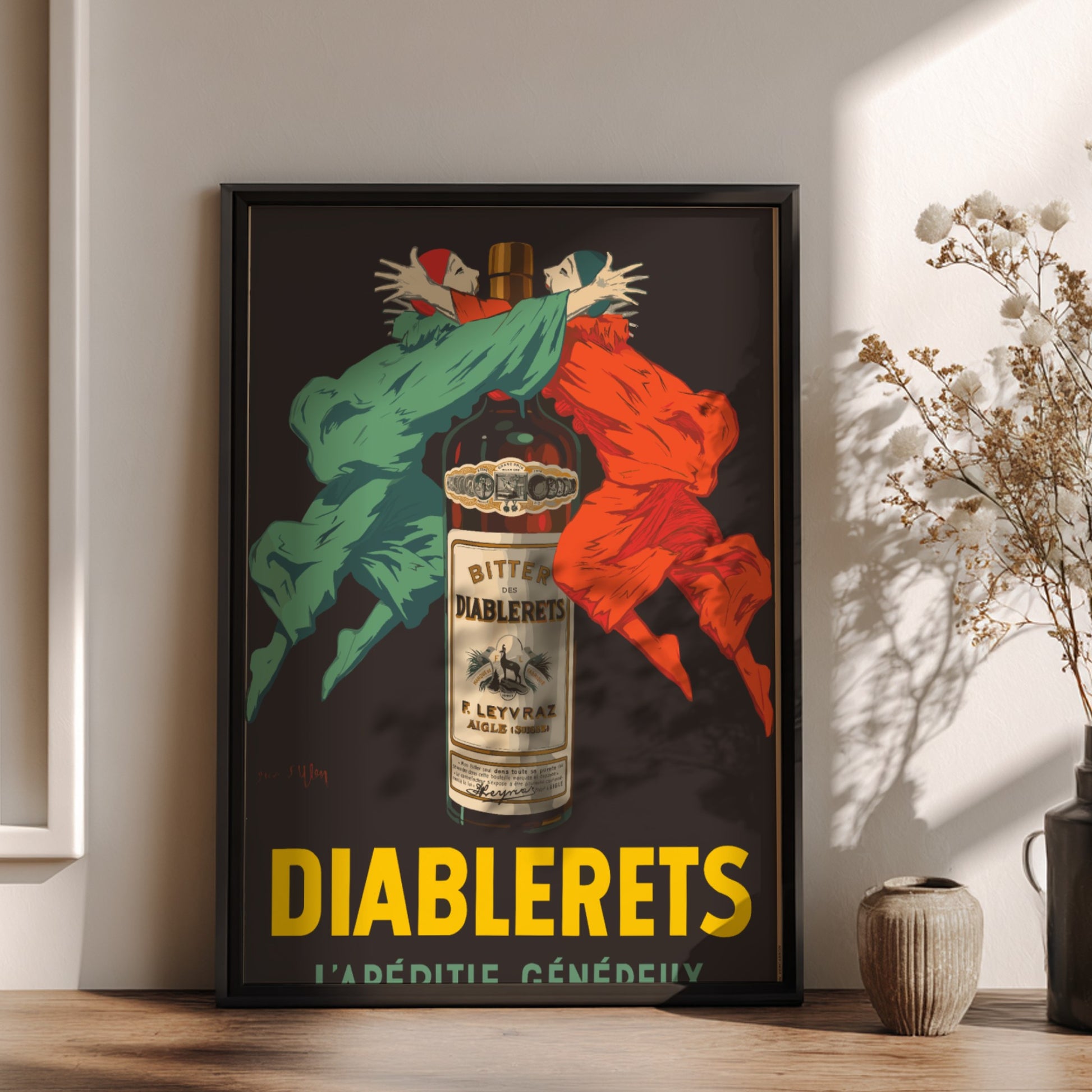 Vintage Diablerets Bitter advertising poster featuring two masked figures in green and orange embracing a
