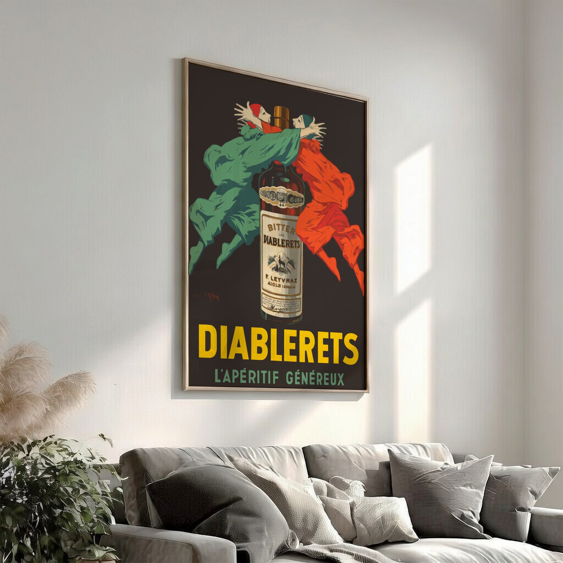 Vintage Diablerets Bitter advertising poster featuring two masked figures in green and orange embracing a
