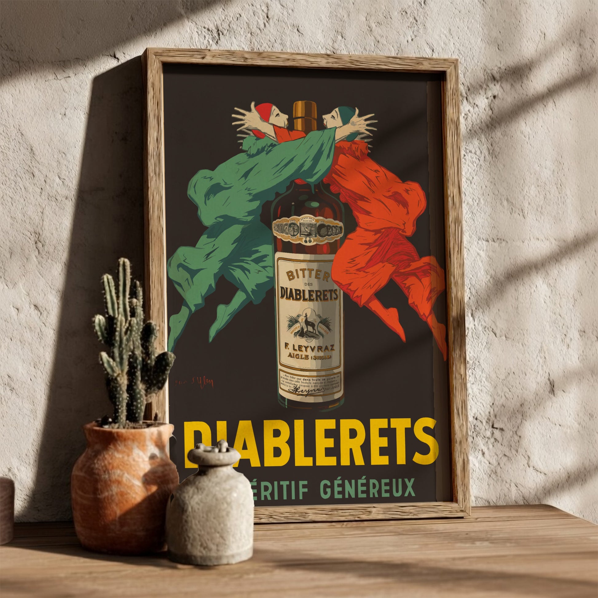 Vintage Diablerets Bitter advertising poster featuring two masked figures in green and orange embracing a