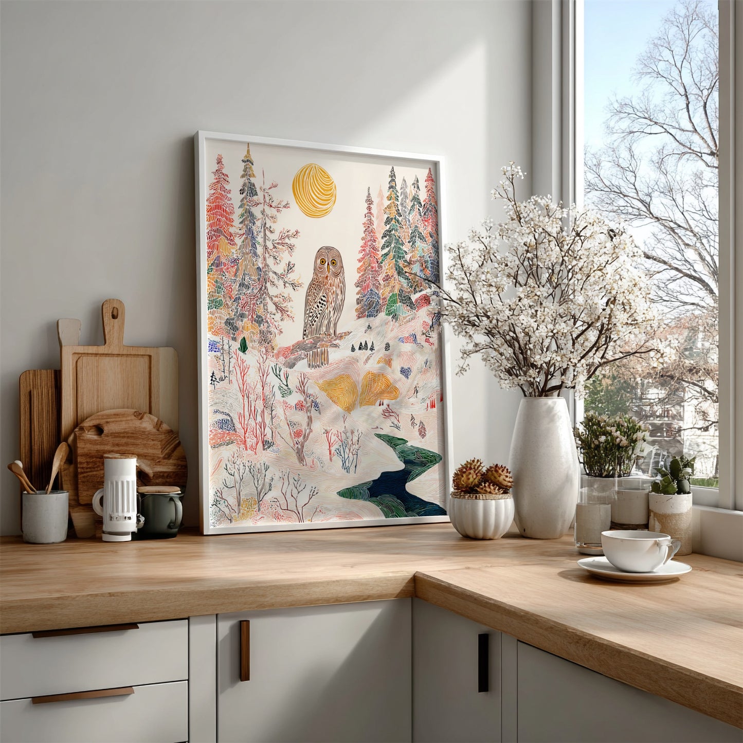 Pine Owl Indigo forest poster with an owl on a branch, stylized trees, and a winding river.