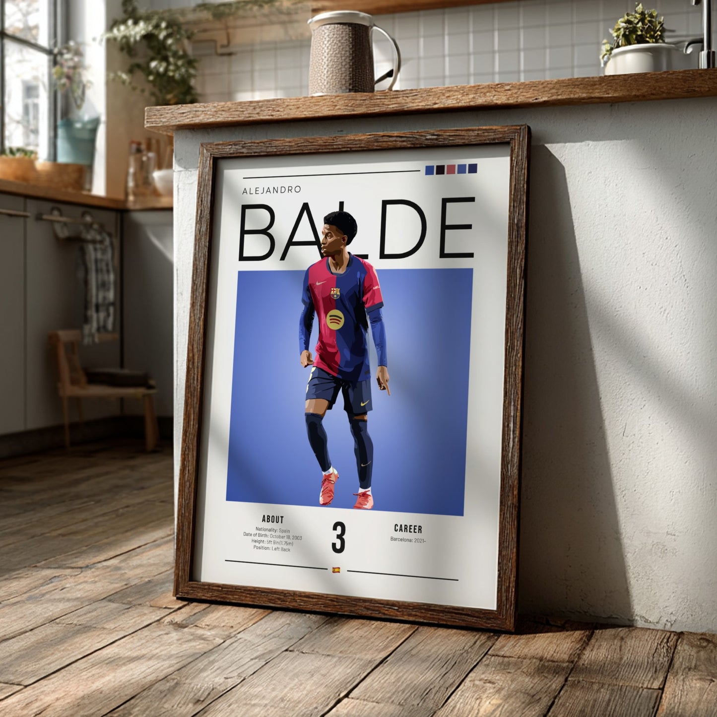 Alejandro Balde poster featuring vibrant colors and modern design, showcasing a football player in action.