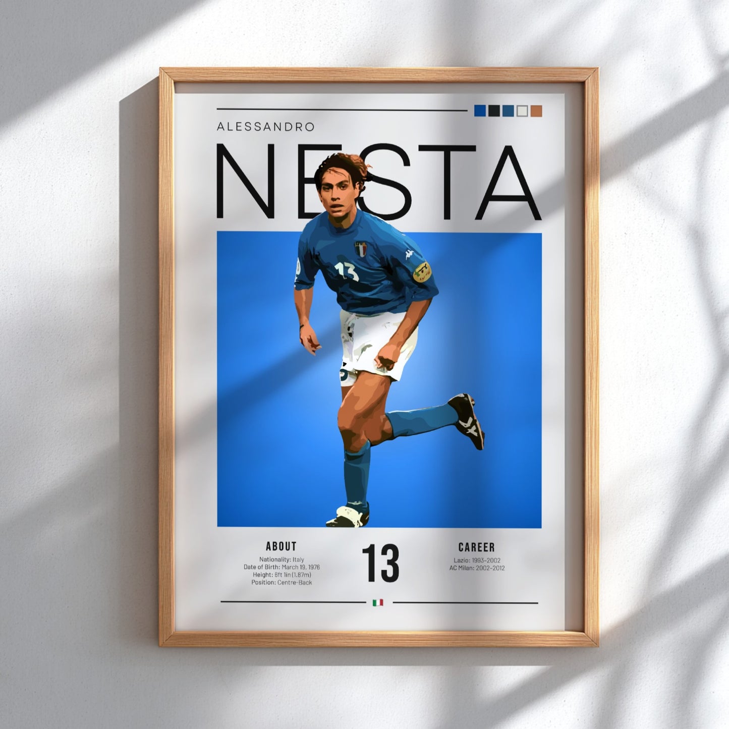 Alessandro Nesta poster featuring vibrant blue colors and modern design, celebrating Italian football legend.