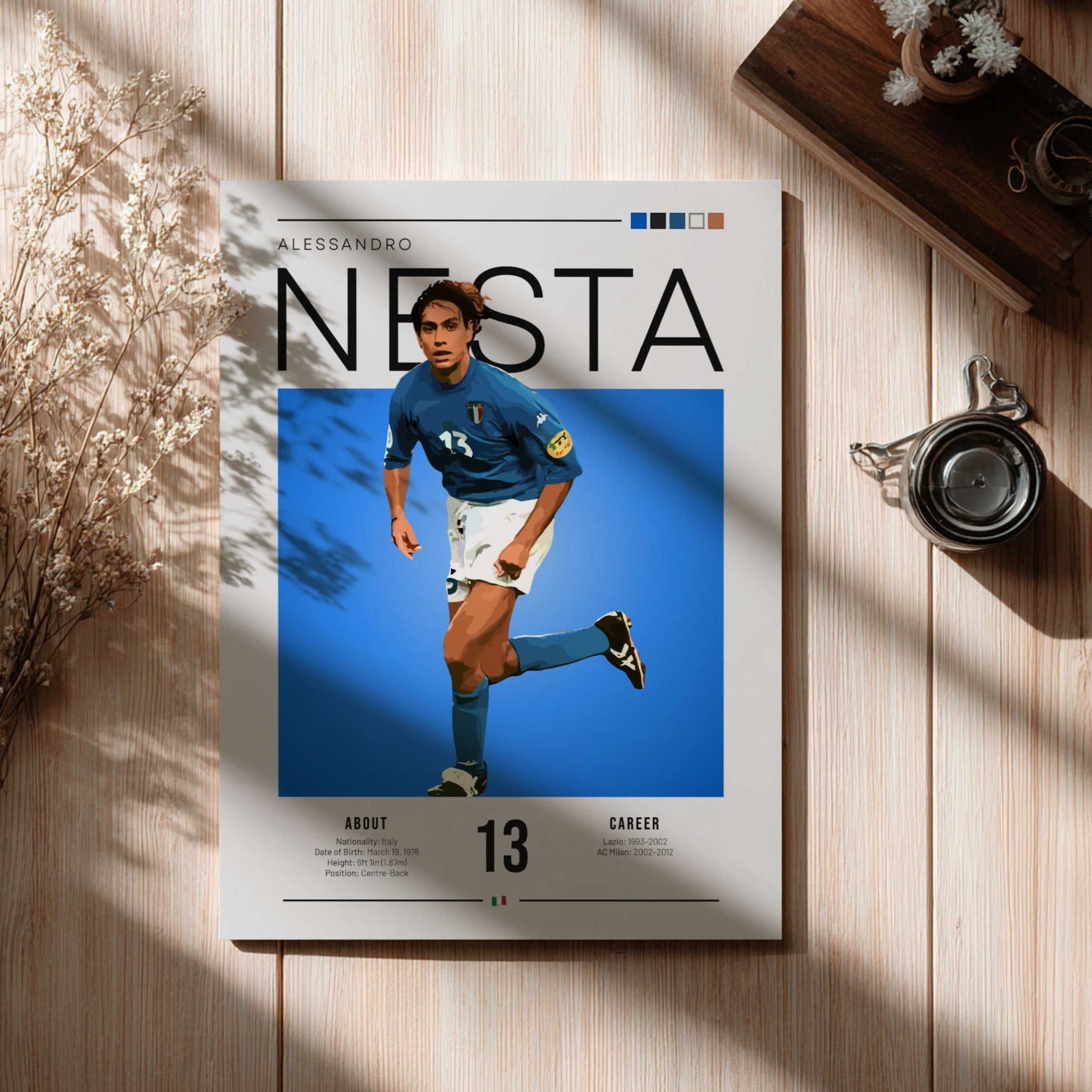Alessandro Nesta poster featuring vibrant blue colors and modern design, celebrating Italian football legend.