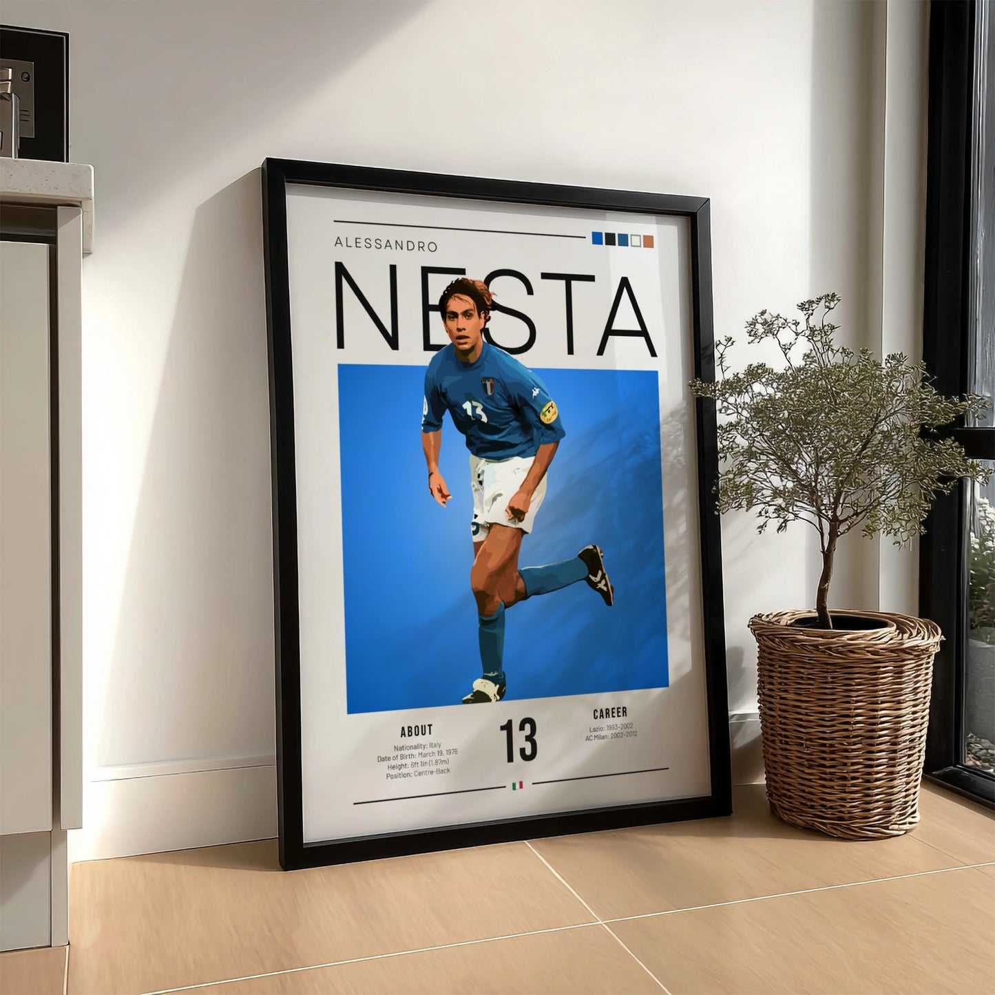 Alessandro Nesta poster featuring vibrant blue colors and modern design, celebrating Italian football legend.