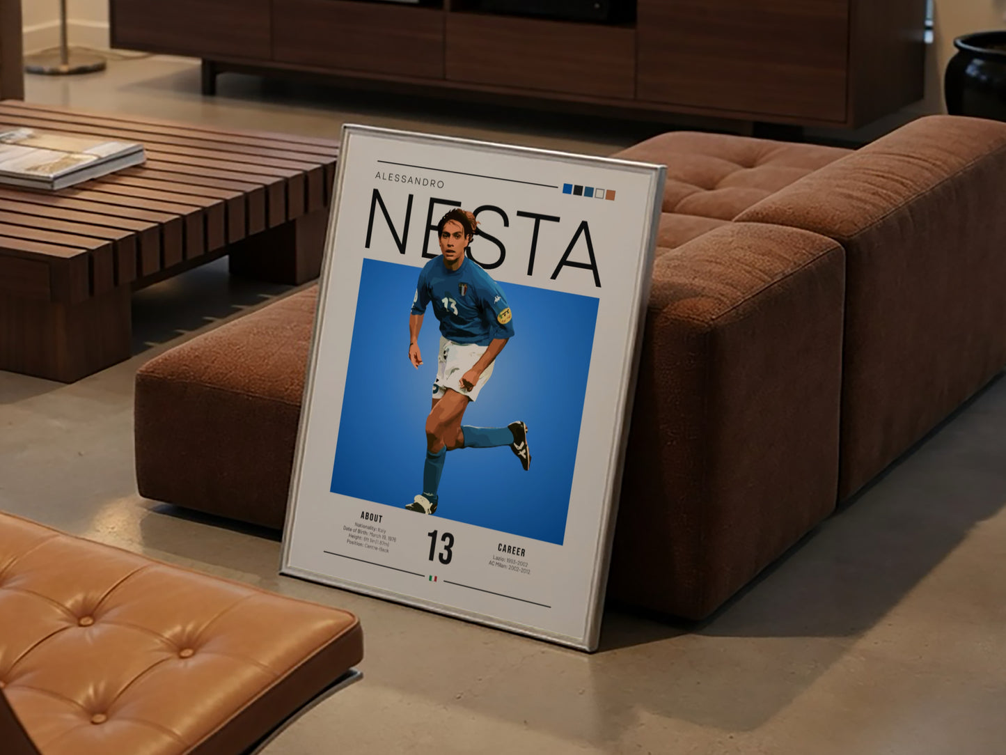 Alessandro Nesta poster featuring vibrant blue colors and modern design, celebrating Italian football legend.