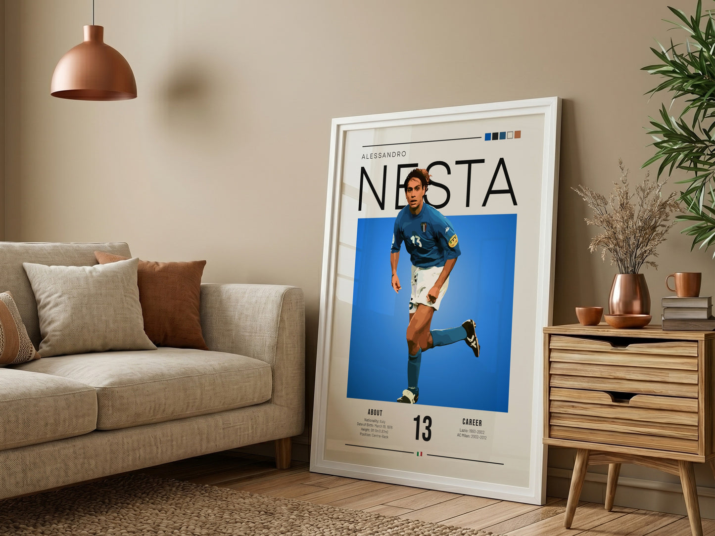 Alessandro Nesta poster featuring vibrant blue colors and modern design, celebrating Italian football legend.
