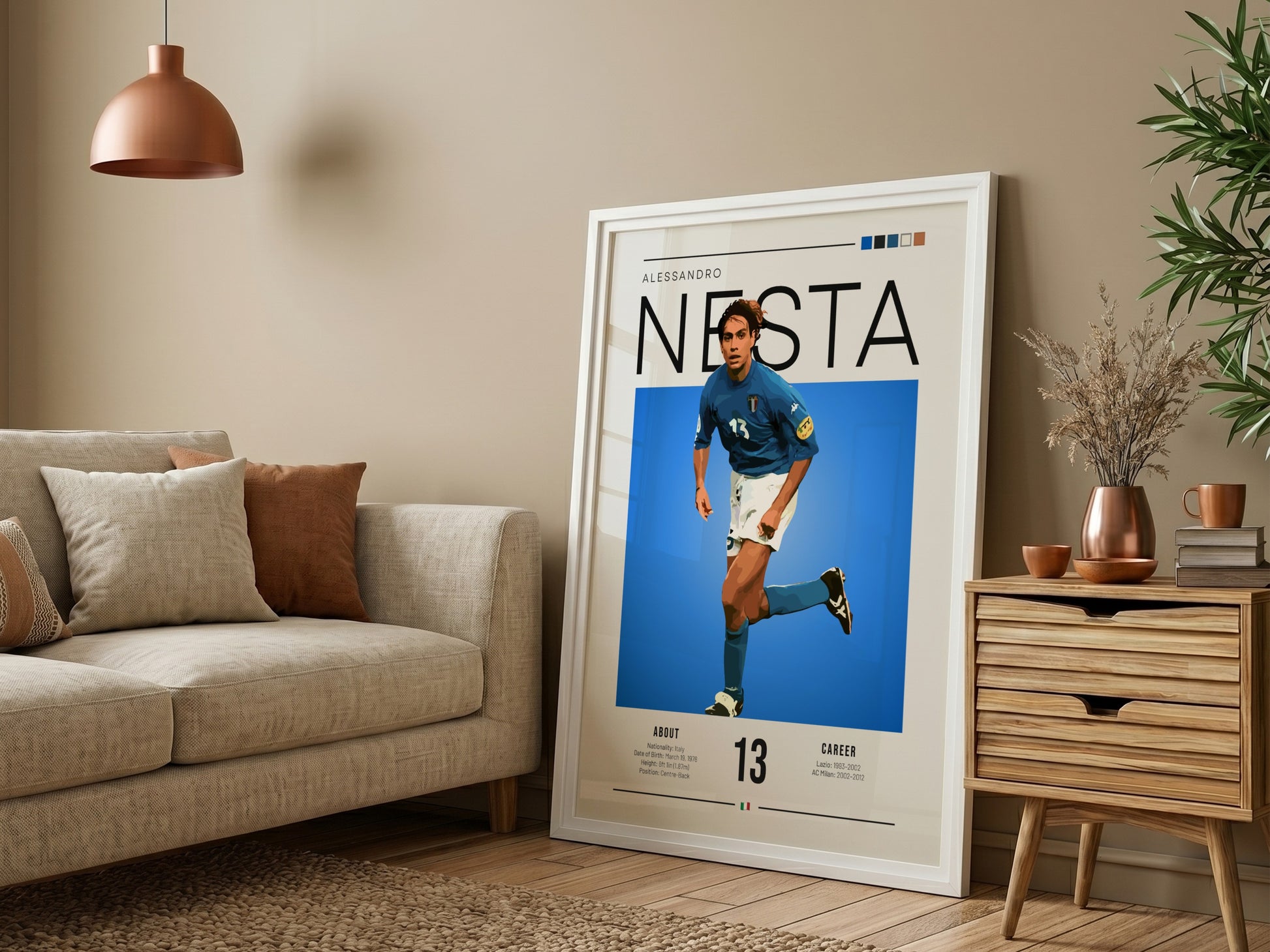 Alessandro Nesta poster featuring vibrant blue colors and modern design, celebrating Italian football legend.