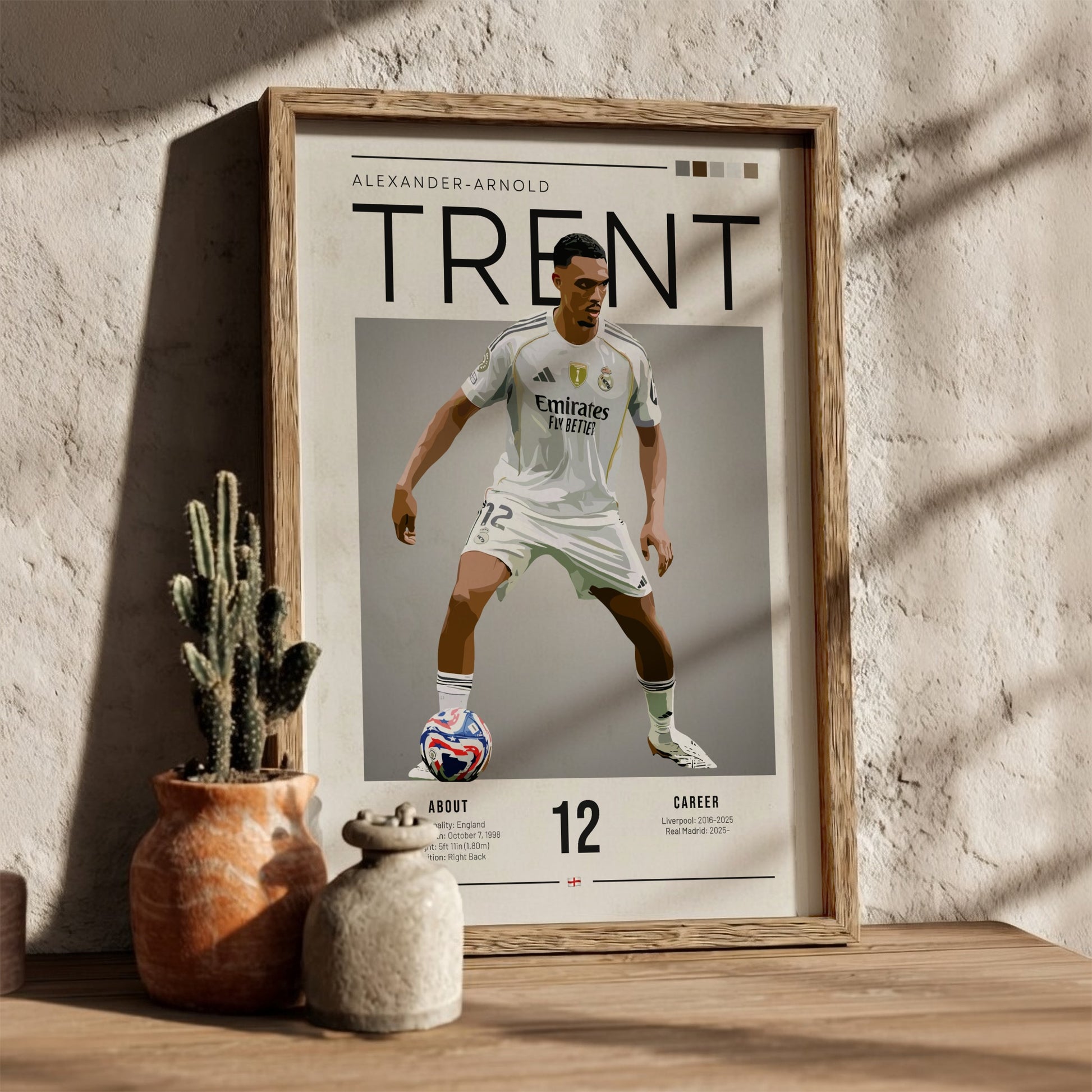 Trent Alexander-Arnold poster in Real Madrid shirt, vibrant colors, modern design, sports wall art