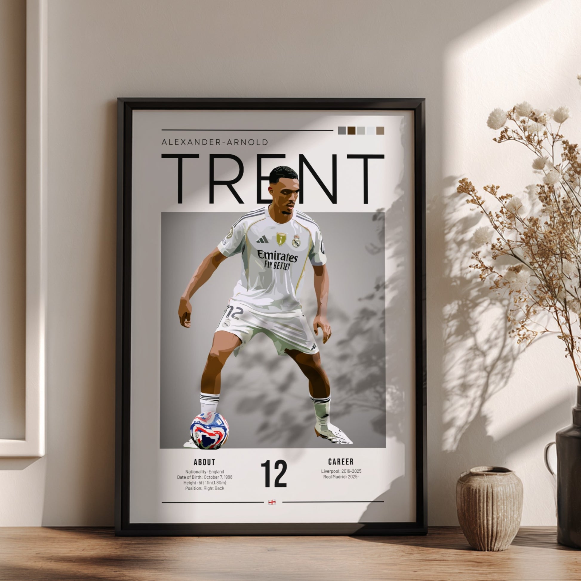 Trent Alexander-Arnold poster in Real Madrid shirt, vibrant colors, modern design, sports wall art