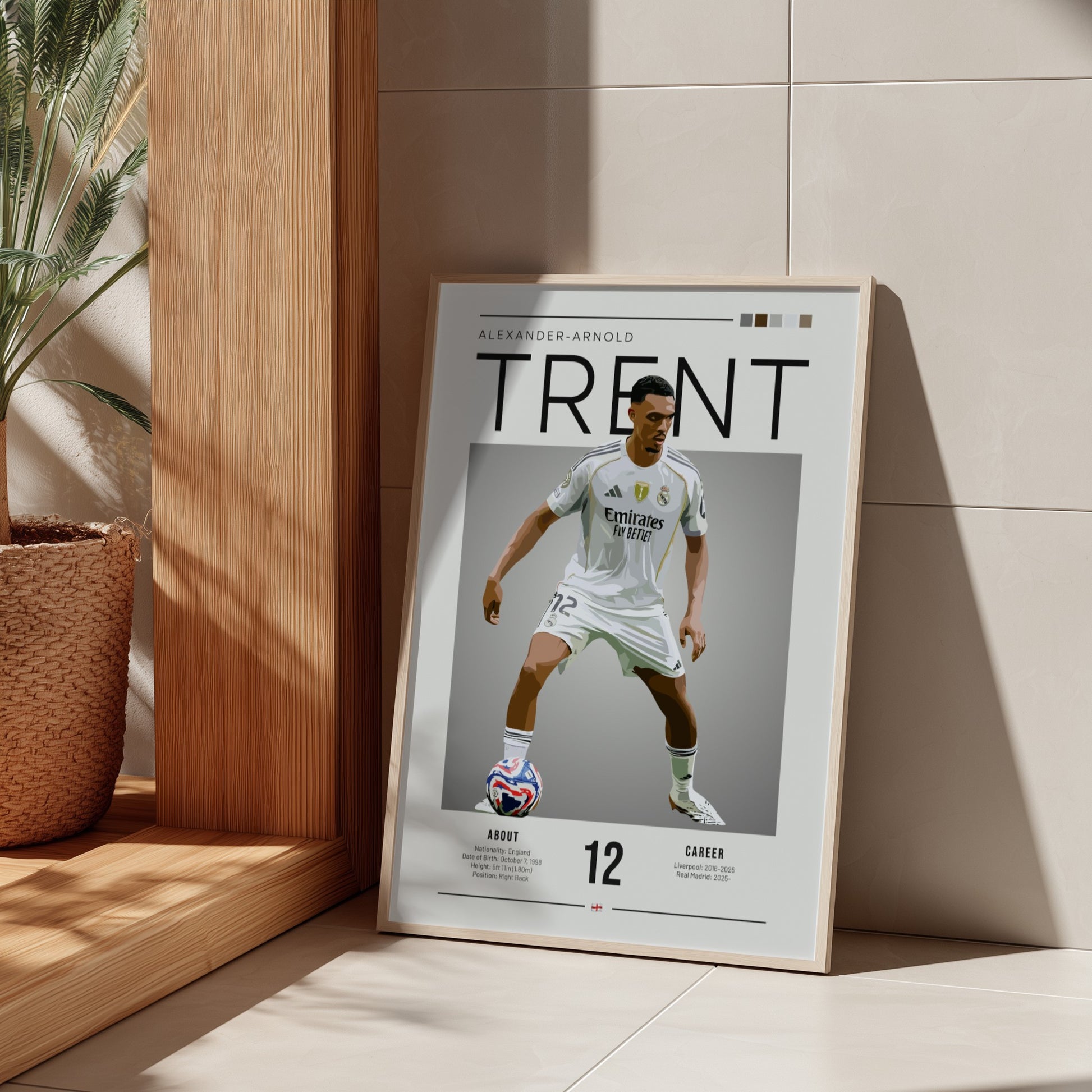 Trent Alexander-Arnold poster in Real Madrid shirt, vibrant colors, modern design, sports wall art