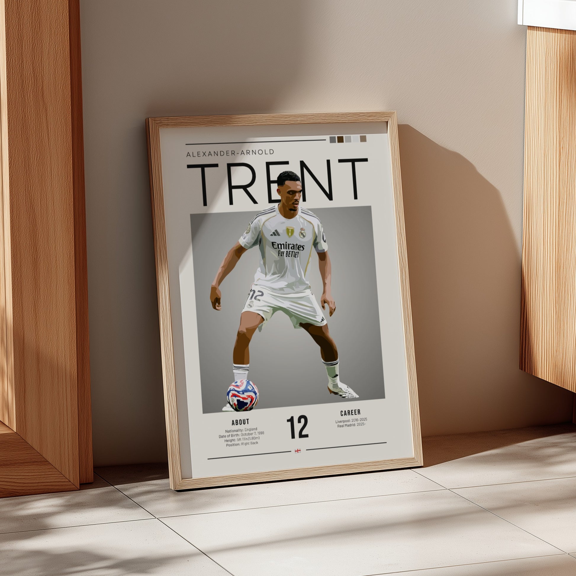 Trent Alexander-Arnold poster in Real Madrid shirt, vibrant colors, modern design, sports wall art