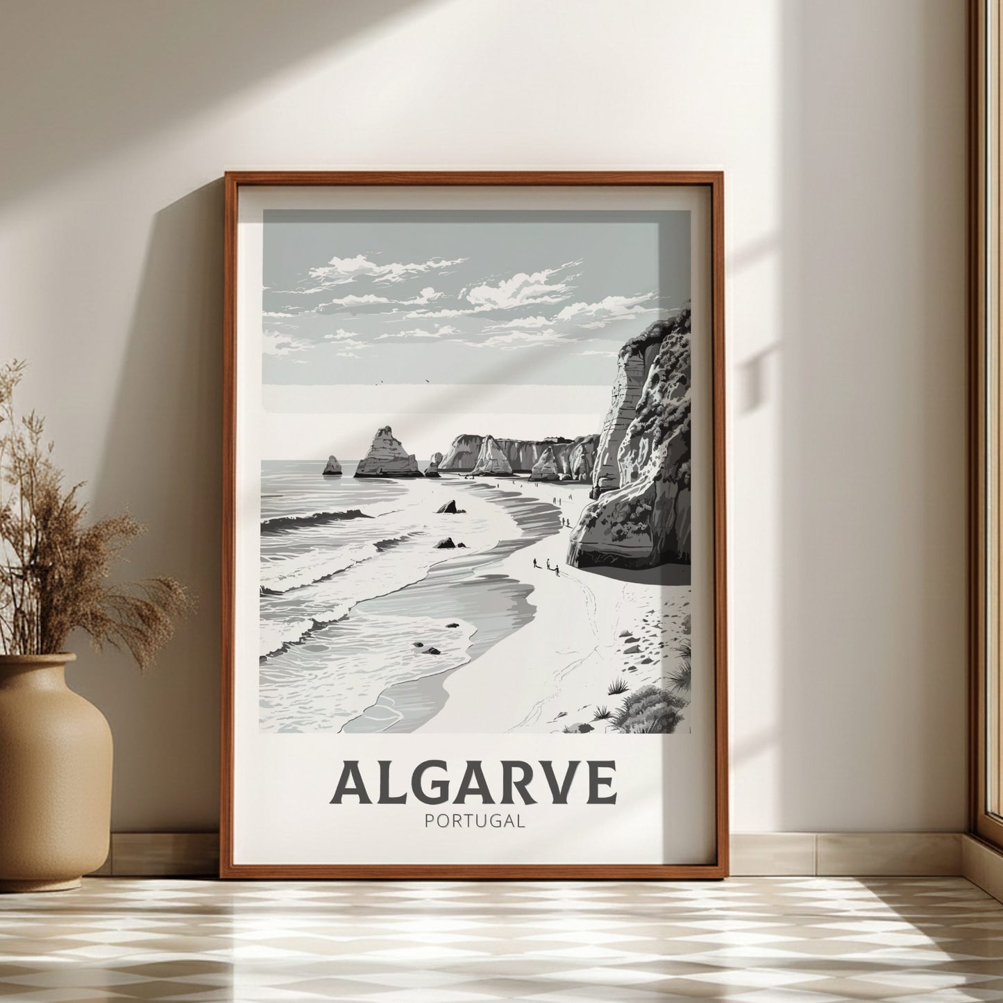 Algarve black and white travel poster on a dark wood frame