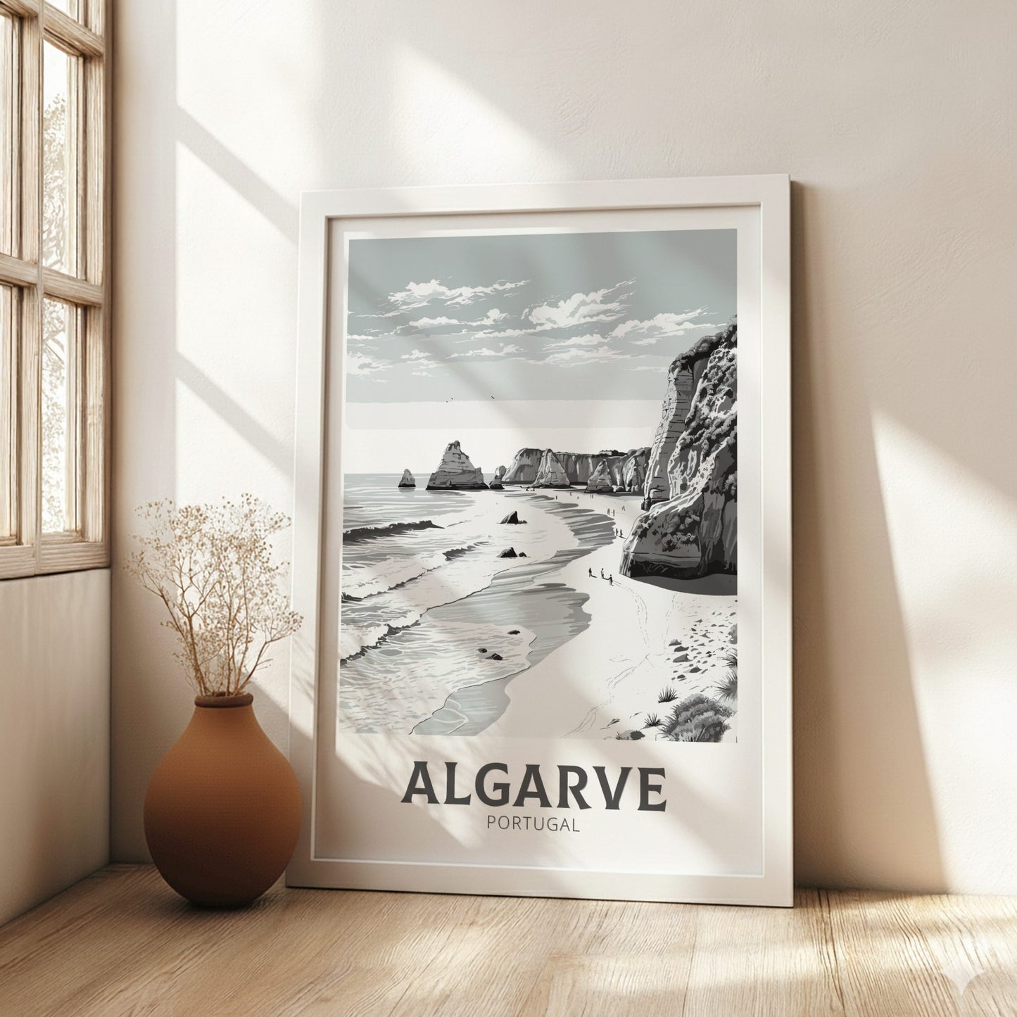 Algarve black and white travel poster on a white frame