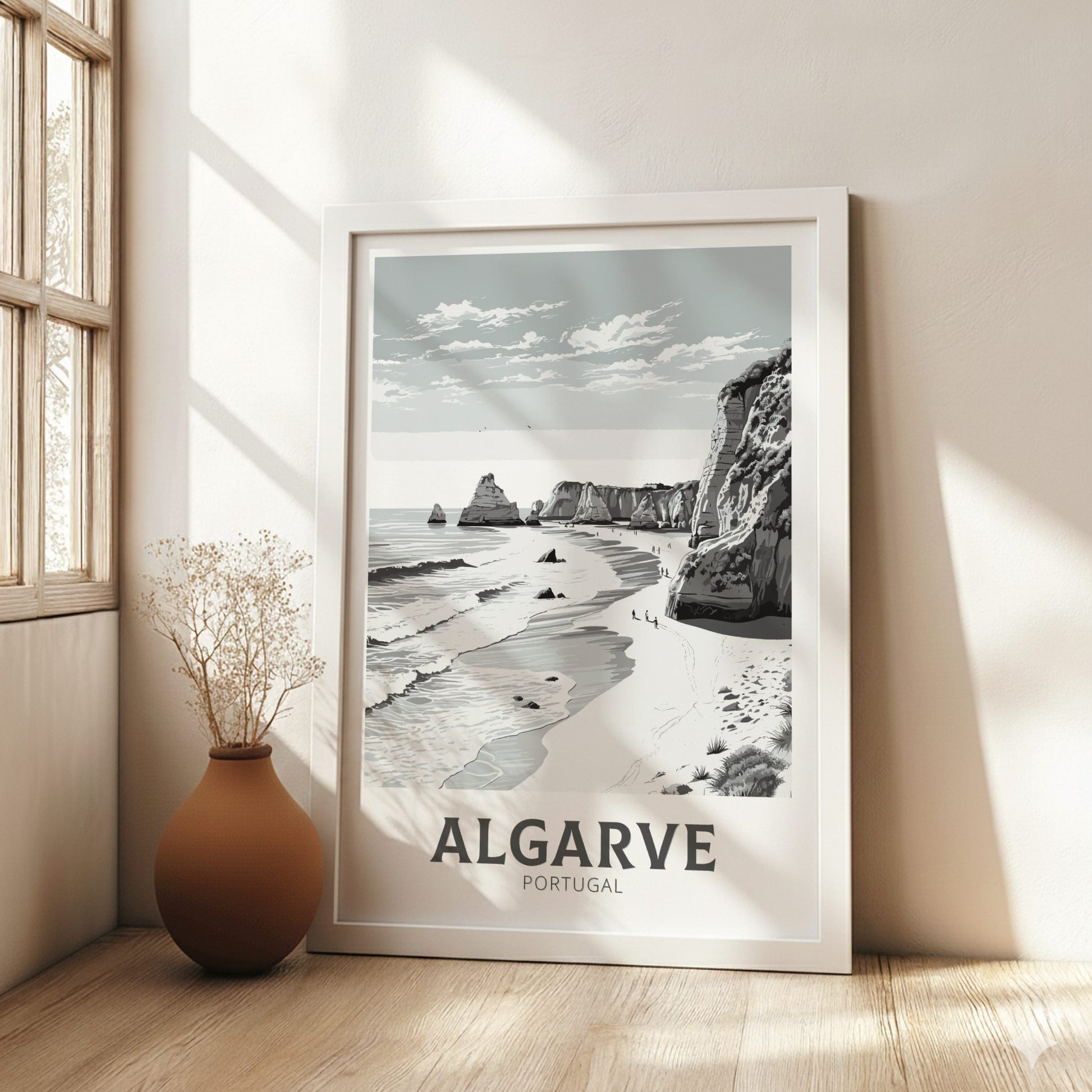 Algarve black and white travel poster on a white frame