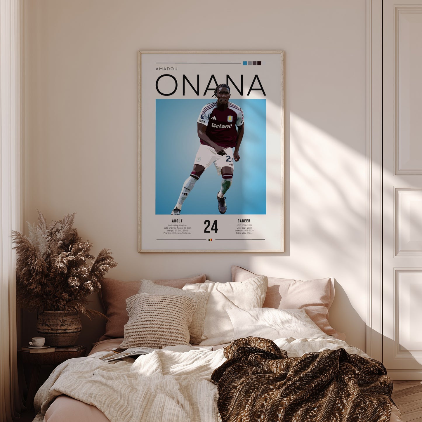 Football poster of Amadou Onana in Aston Villa shirt, vibrant colors and modern design for sports enthusiasts