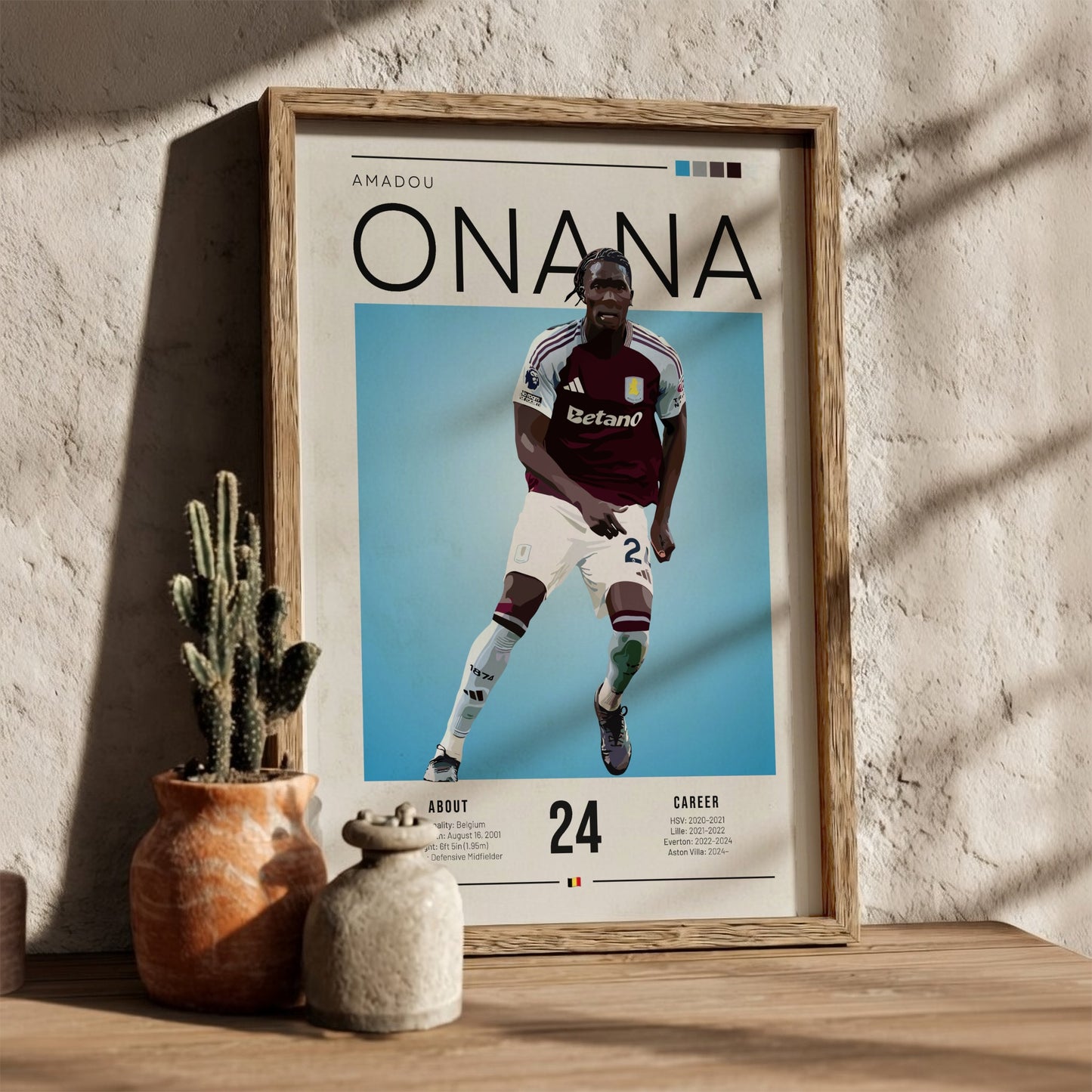 Football poster of Amadou Onana in Aston Villa shirt, vibrant colors and modern design for sports enthusiasts
