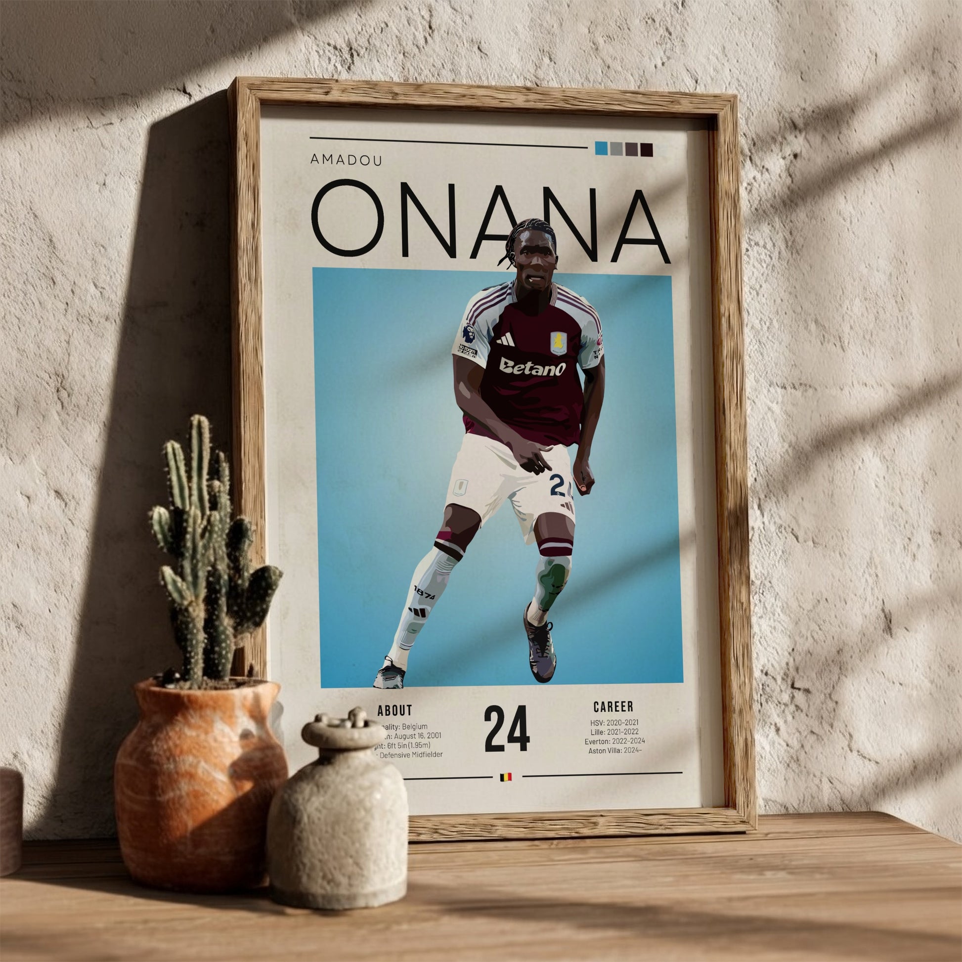 Football poster of Amadou Onana in Aston Villa shirt, vibrant colors and modern design for sports enthusiasts